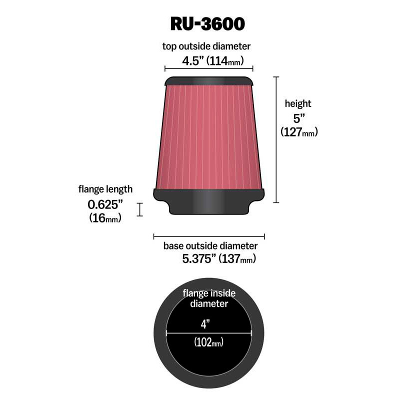 K&N Universeel Luchtfilter Konisch 102mm aansluiting, 137mm onder, 114mm top, 127mm hoogte (RU-3600)