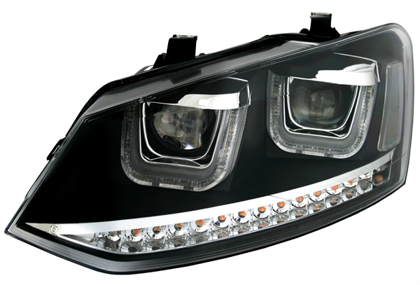 Koplampen VW Polo 6R / 6C 09- DRL Dynamic Zwart Facelift GTI look