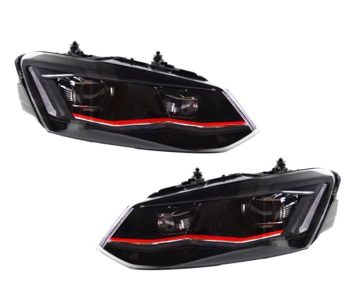 Koplampen VW Polo 6R / 6C 09-17 Full-LED Zwart/Rood Facelift-Look GTI look