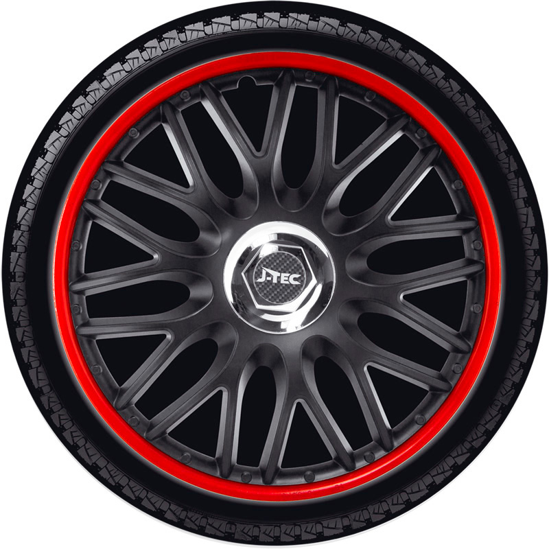 4-Delige J-Tec Wieldoppenset Orden R 14-inch zwart/rood + chroom ring