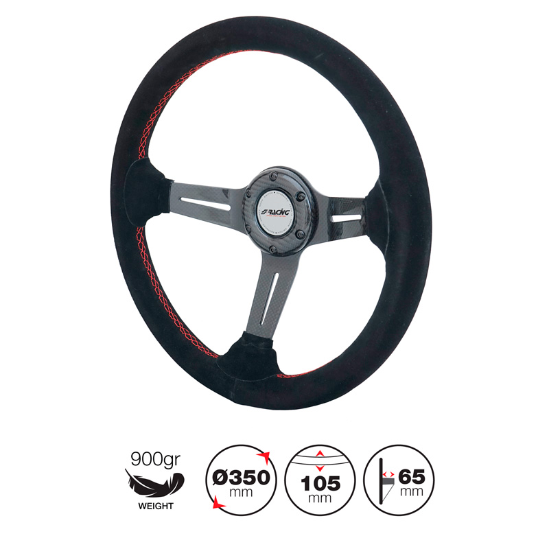 Simoni Racing Universeel Sportstuur Tommi - Carbon - Zwart Suède + Rode Stiksels - Diameter 350mm