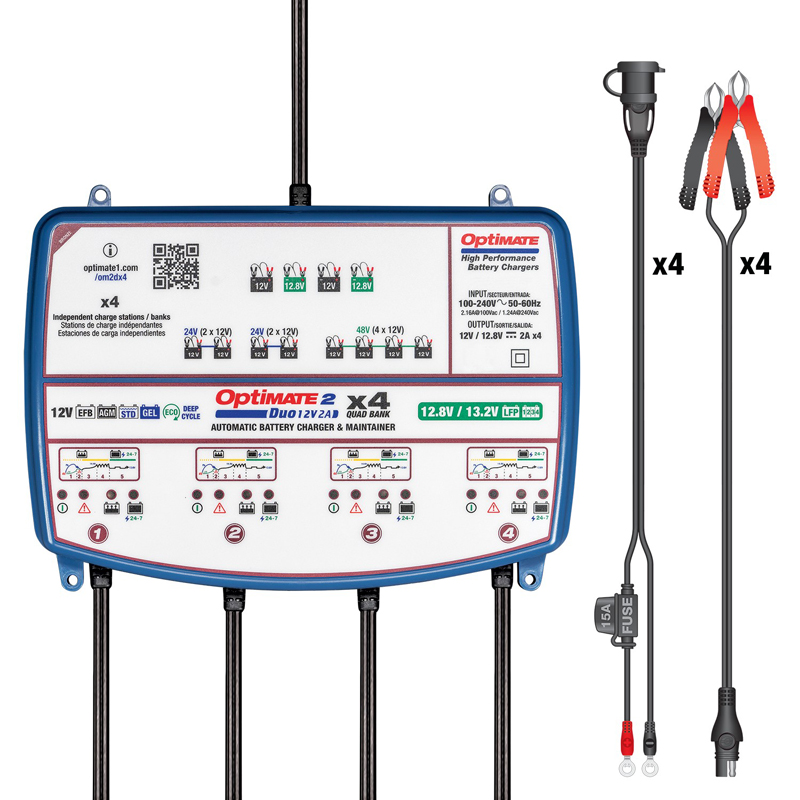 OptiMate 2 DUO x 4 BANK - 12V / 12,8V 2-Amp Acculader / tester / onderhouder