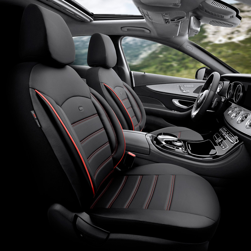 Universele Volleder Stoelhoezenset 'Inspire' Zwart + Rode rand - 11-delig - geschikt voor Side-Airbags