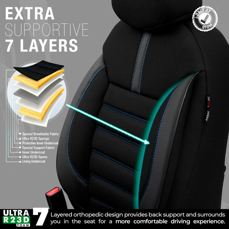 Universele Stoffen/Leder Stoelhoezenset 'Limited' Zwart + Blauwe stiksels - 11-delig - geschikt voor Side-Airbags