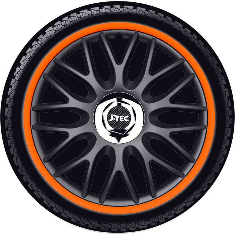 4-Delige J-Tec Wieldoppenset Orden R 16-inch zwart/oranje + chroom ring