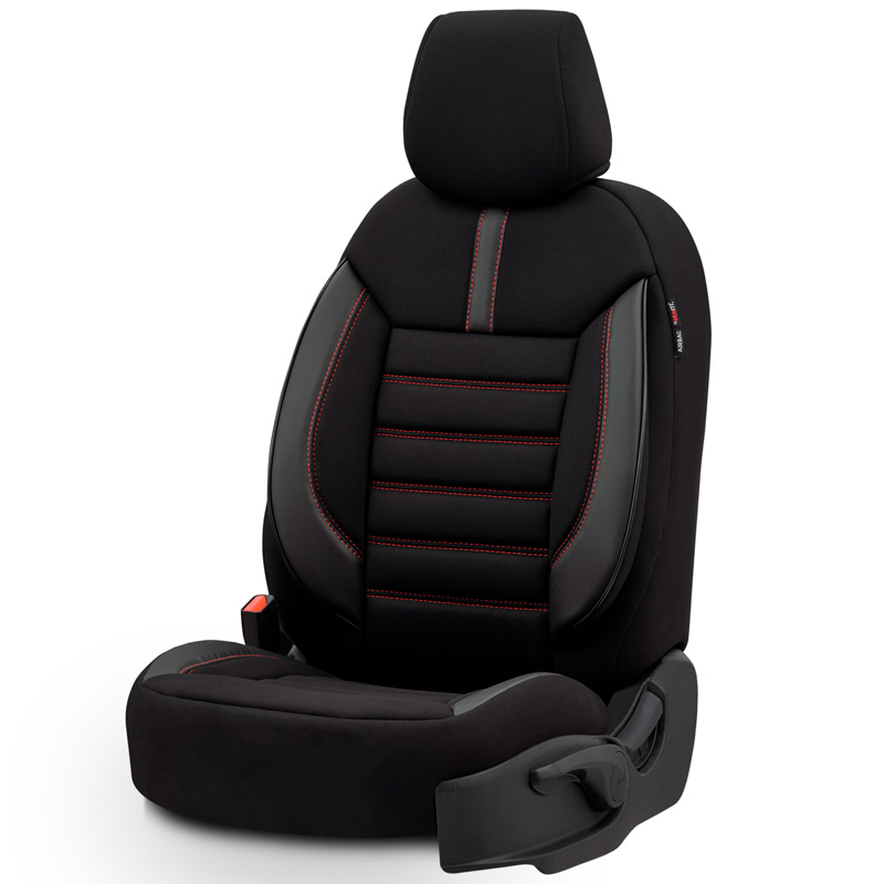 Universele Stoffen/Leder Stoelhoezenset 'Limited' Zwart + Rode stiksels - 11-delig - geschikt voor Side-Airbags
