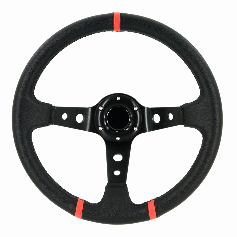 Universeel sportstuur 'Deep-Dish' - Ø350mm - Zwart PVC-Leder + Zwarte spaken + Rode Strepen